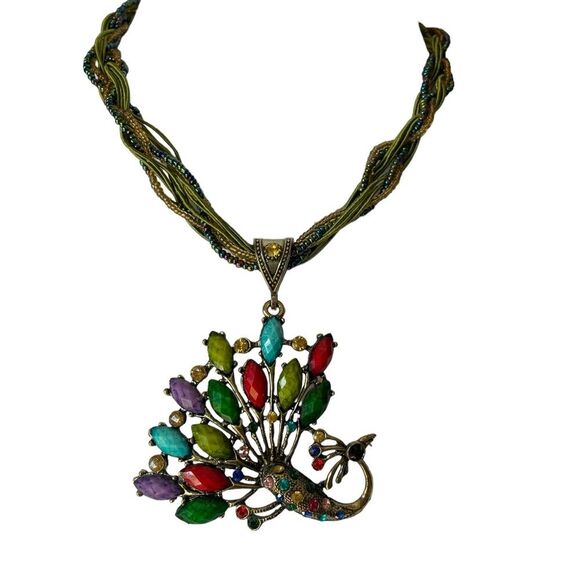 Peacock Faux Crystal Beaded Necklace Statement Fashion Jewelry NWT - Picture 3 of 8